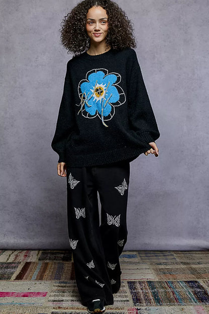 POL Floral Pattern Round Neck Sweater with Exposed Stitching FitiqueFit