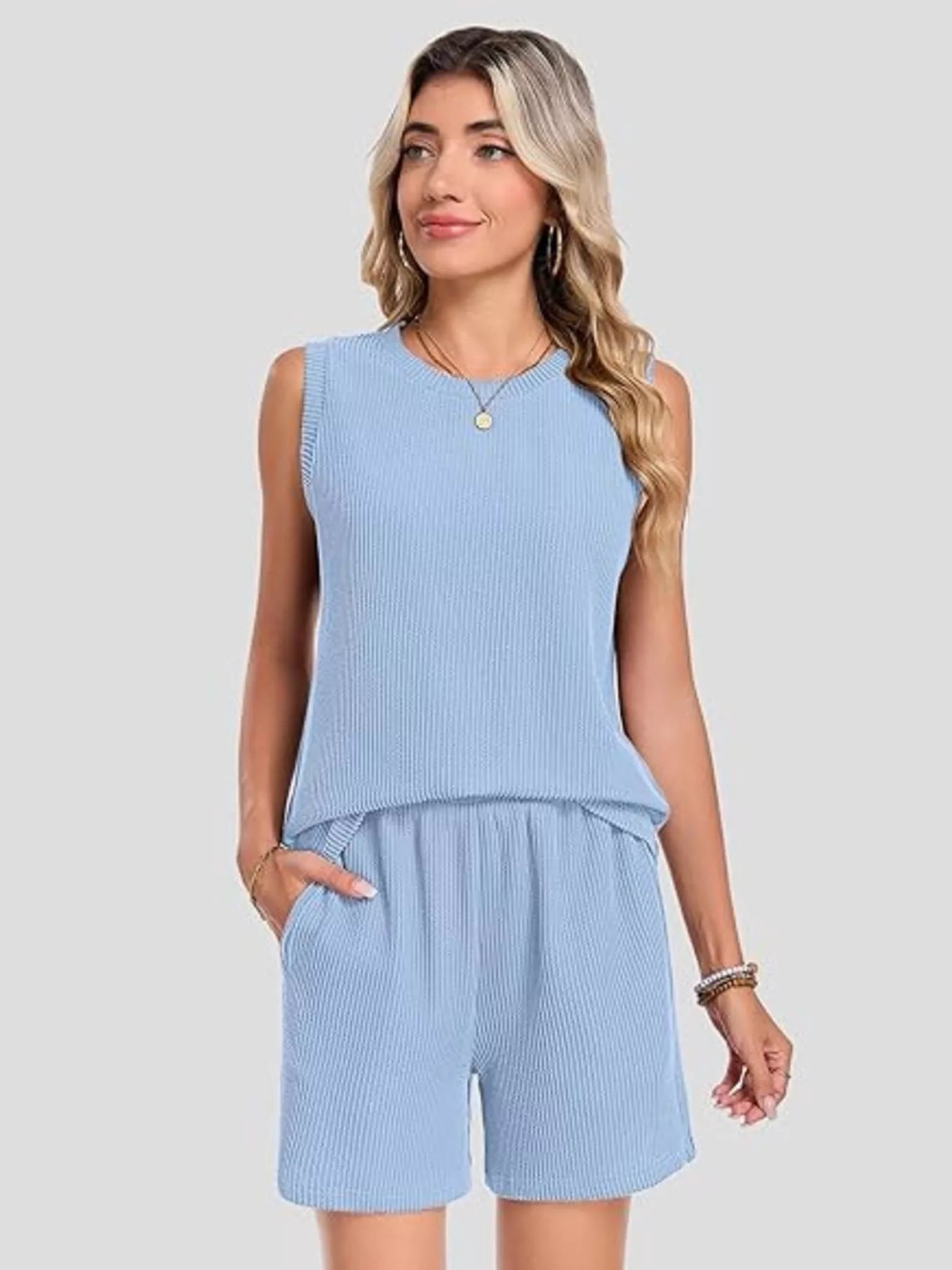 Casual Ribbed Knit Sleeveless Top and Shorts Set New Era Fashion LLc