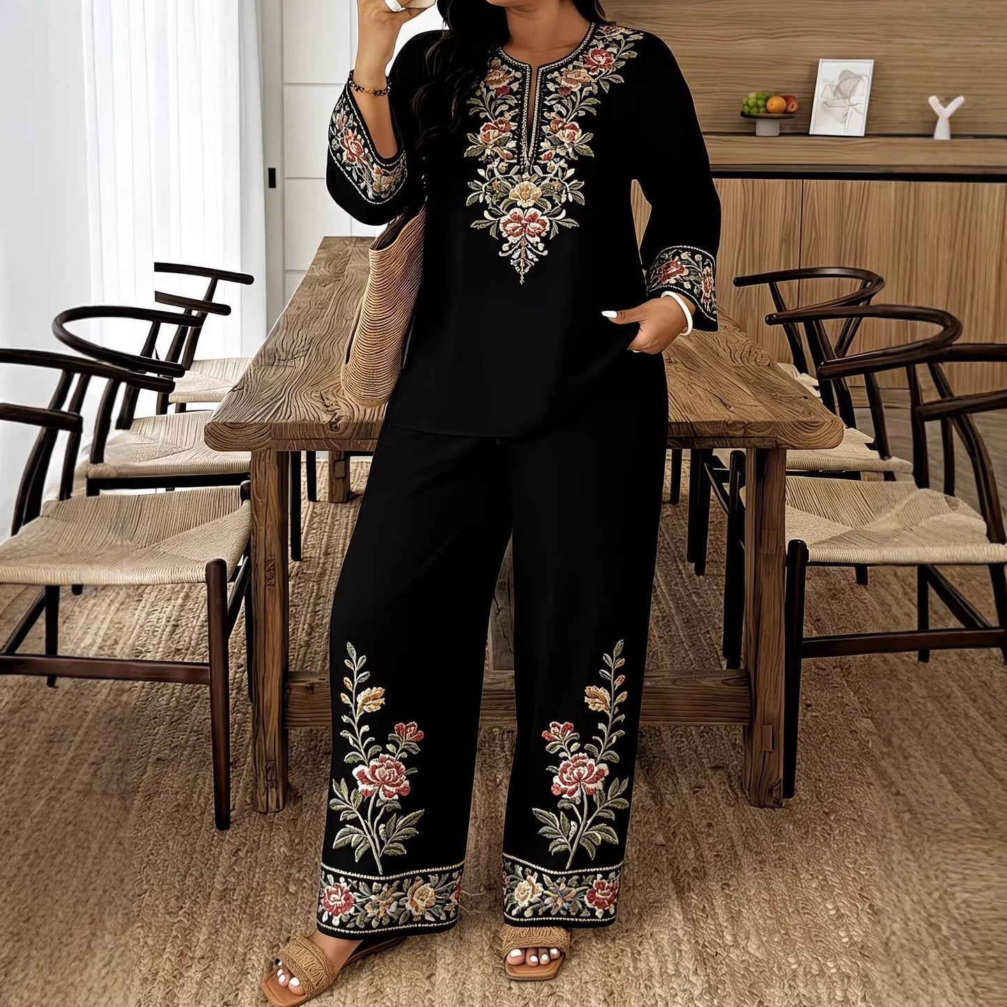 Women’s Ethnic Two Piece Set with Long Sleeve Shirt and Cropped Pants FitiqueFit