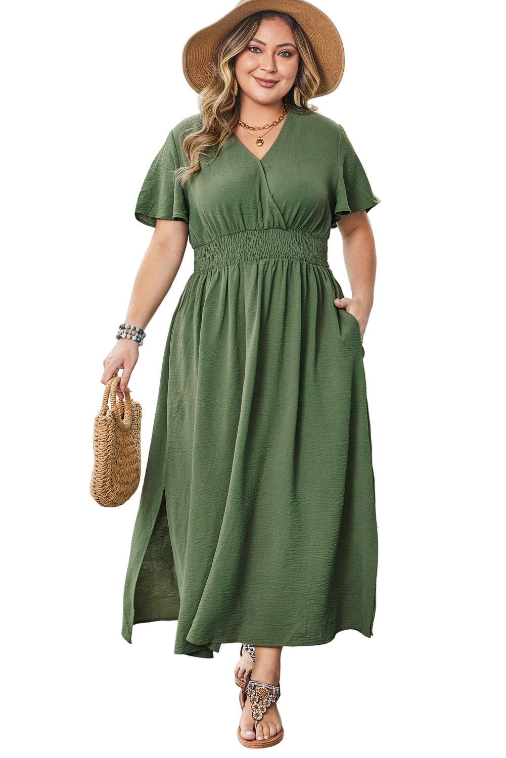 Four Leaf Clover Surplice Neckline Shirred High Waist Plus Size Maxi Dress Garden Naked Curves