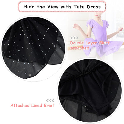 Black Dance Leotards for Toddler Girls 3T 4T Kids Ballet Dress with Tulle Skirt Baby Cute Ruffle Short Sleeve Ballerina Clothes Tap Class, 3-4 Years Old