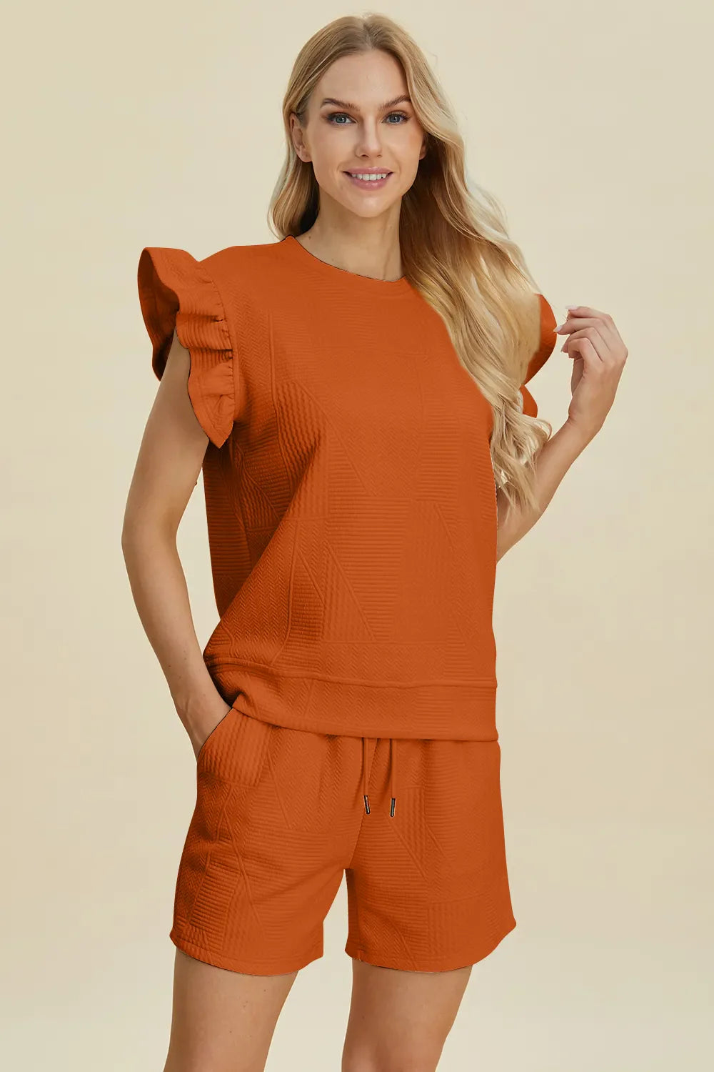 Double Take Full Size Texture Round Neck Ruffle Sleeve Top and Shorts Set West2East Surf