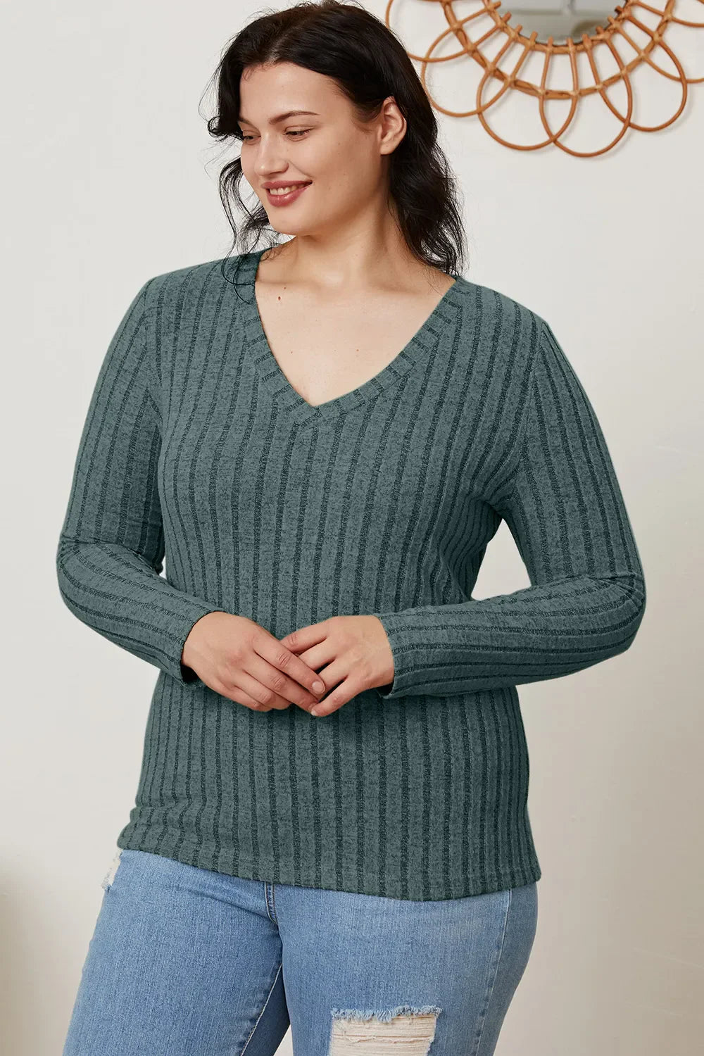 Basic Bae Full Size Ribbed V-Neck Long Sleeve T-Shirt New Era Fashion LLc