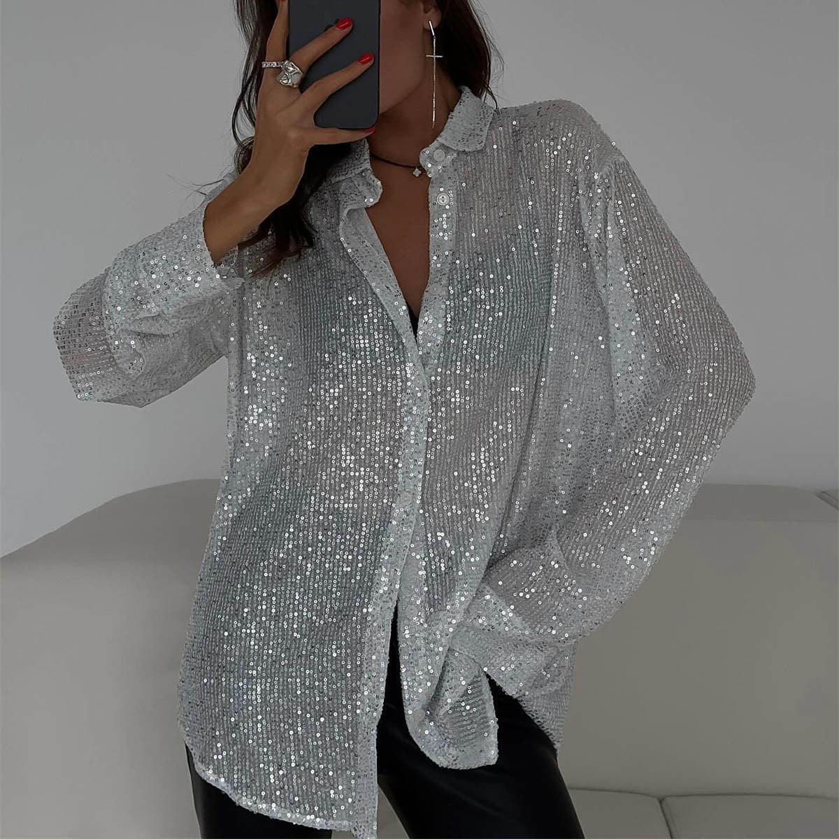 Sequin Lapel Long Sleeve Shirt See size chart under “more details” The Fashion Celestial