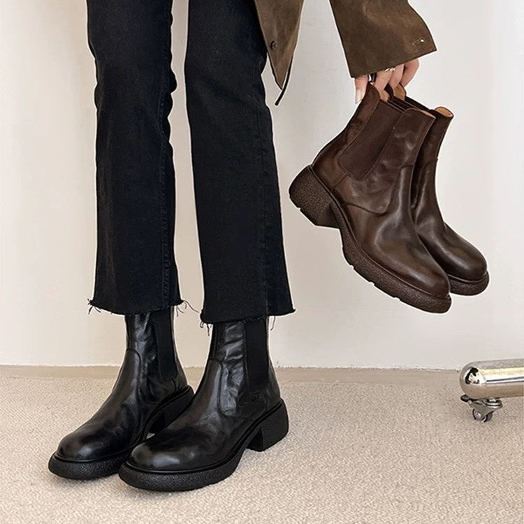 Women’s British-Style Chunky Heel Ankle Boots – Dr. Style Leather Booties for Fall & Winter FitiqueFit