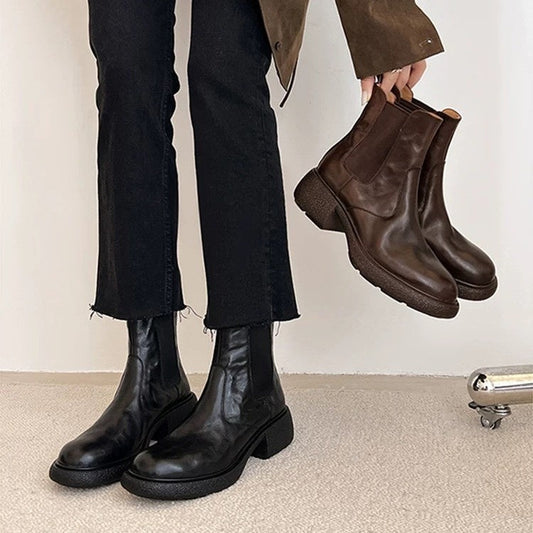 Women’s British-Style Chunky Heel Ankle Boots – Dr. Style Leather Booties for Fall & Winter FitiqueFit