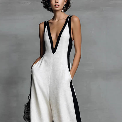 Women's Color-Block Sleeveless V-Neck Wide-Leg Jumpsuit – French Style Long Pants FitiqueFit