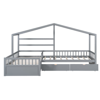Twin Size House Platform Bed with Three Storage Drawers Gray