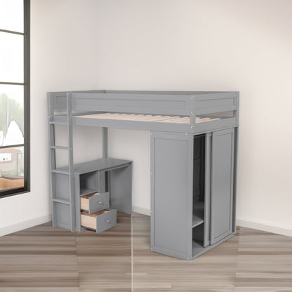 Wood Twin Size Loft Bed with Wardrobes and 2-Drawer Desk with Cabinet Gray
