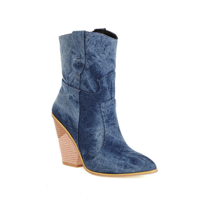 Cowgirl Chic High Heel Ankle Boots - Trendy Denim and Leather Boots for Women Country in My Heart
