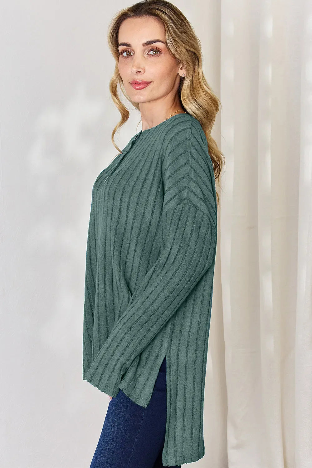 Basic Bae Full Size Ribbed Half Button Long Sleeve High-Low T-Shirt New Era Fashion LLc