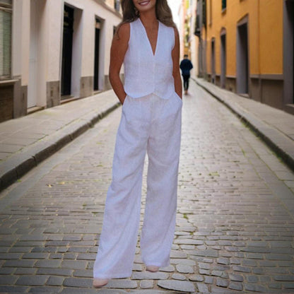 Women’s V‑Neck Button‑Front Vest & High‑Waist Pants Set FitiqueFit