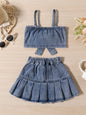 Children's Denim Bowknot Crop Top and Pleated Skirt Set New Era Fashion LLc