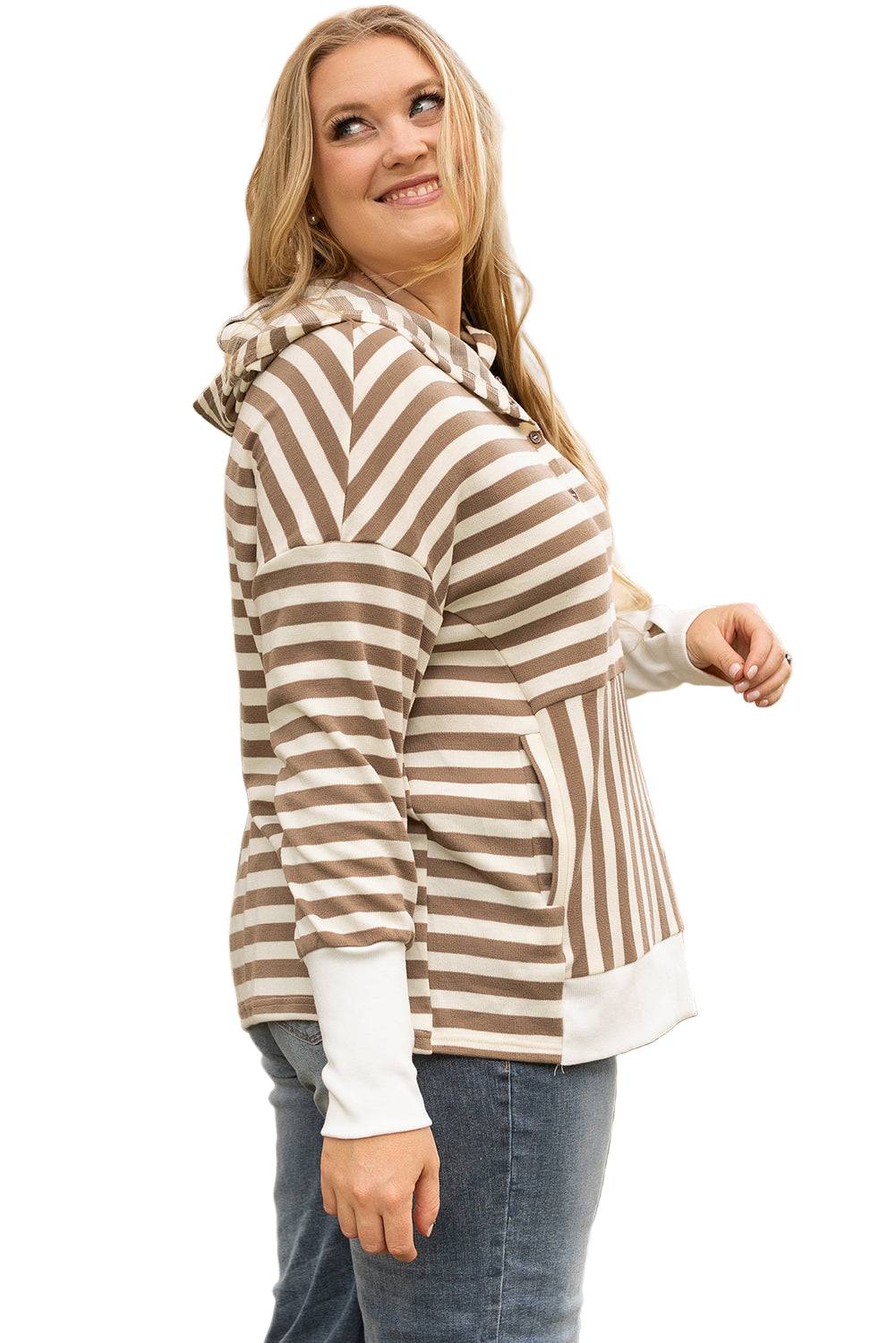 Brown Stripe Quarter Buttons Drop Sleeve Plus Size Hoodie Garden Naked Curves