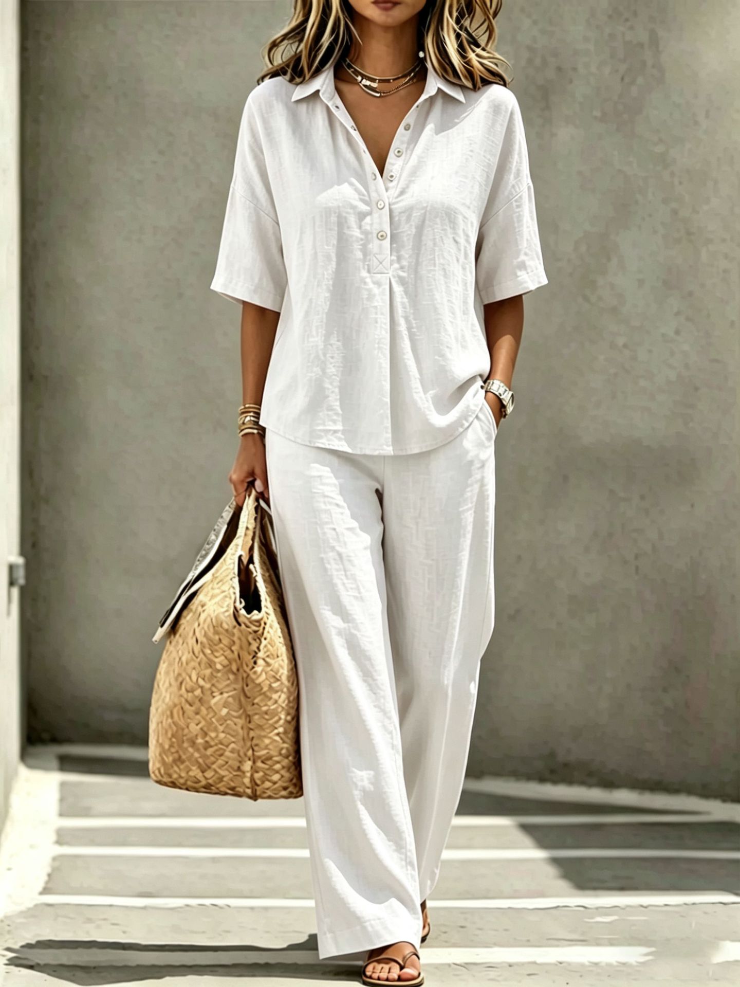 Women's Polo Neck Button-Up Top & Wide-Leg Pants Two-Piece Set FitiqueFit