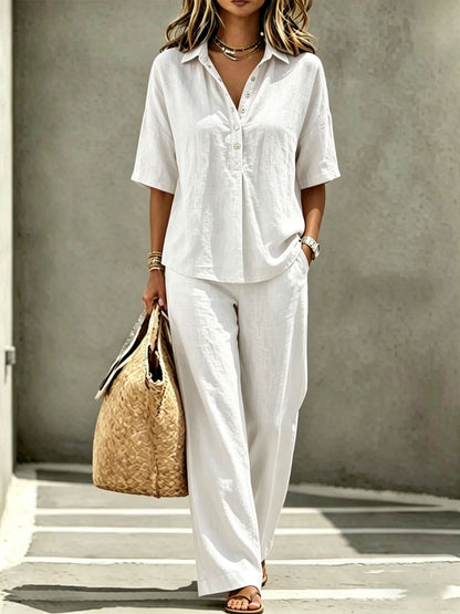 Women's Polo Neck Button-Up Top & Wide-Leg Pants Two-Piece Set FitiqueFit