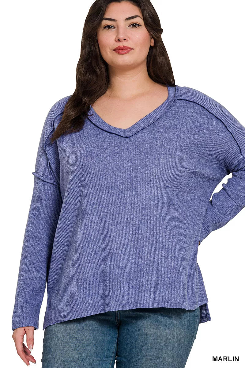 Zenana Full Size Brushed Ribbed Hacci Drop Shoulder V-Neck Sweater Plus Size West2East Surf