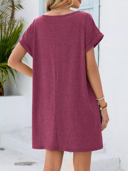 Lace Trim Notched Short Sleeve Dress New Era Fashion LLc