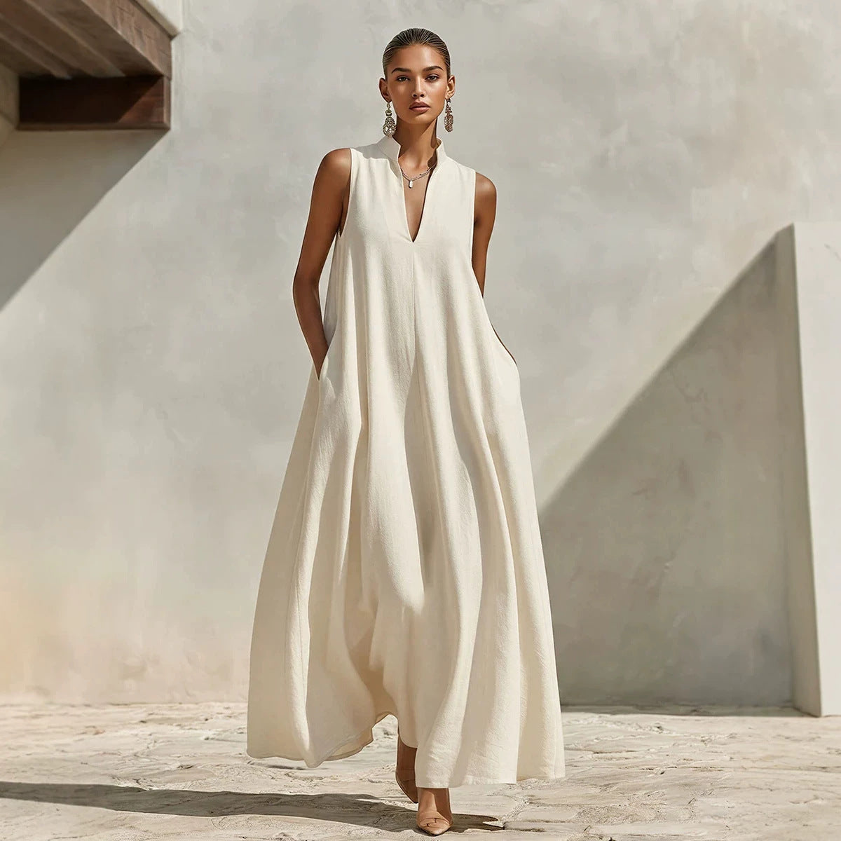 Linen Blend Sleeveless Stand-Collar Maxi Dress – 5 Colors S–3XL FitiqueFit