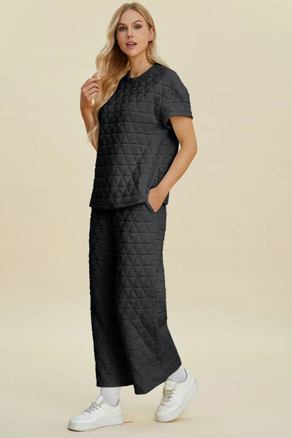 Double Take Full Size Texture Round Neck Short Sleeve Top and Pants Set West2East Surf