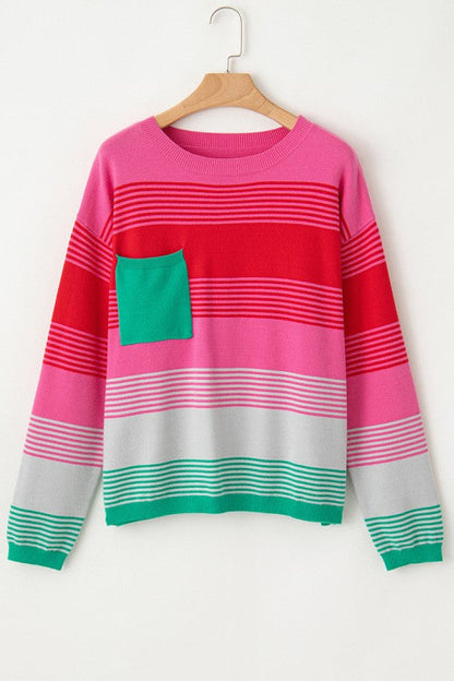 Striped Knit Patch Pocket Drop Shoulder Sweater Shop Style & More | Fresh Looks, Everyday Deals & Free Shipping