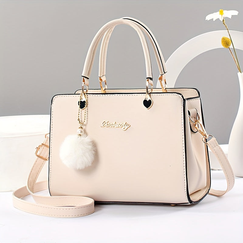 Solid Color Faux Leather Shoulder Bag - Detachable Strap, Zip Closure, Multi-Layer Crossbody Design, Polyester Lining, Fade-Resistant, Pom-Pom Pendant - The Perfect Holiday Gift for Valentine'S Day, Mother'S Day NovaCart