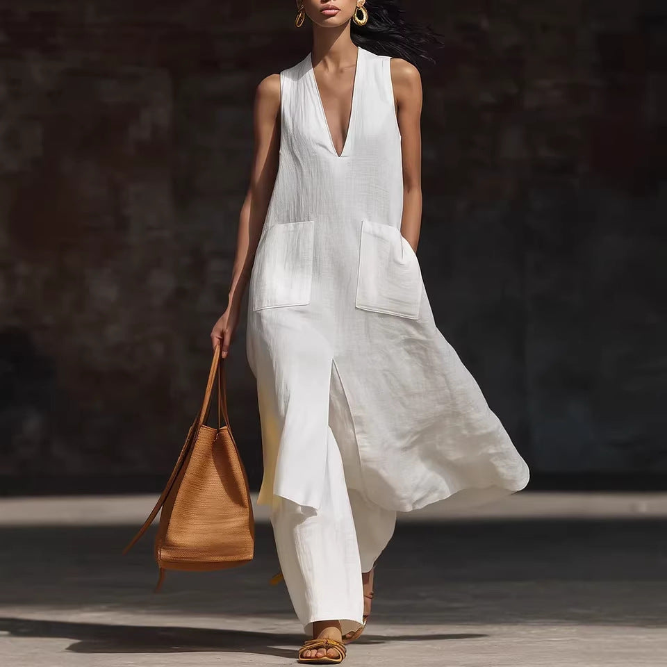 Women's V-Neck Sleeveless Linen Dress Set – Casual Chic FitiqueFit