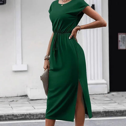 Casual Cinched Waist Slim-fit Round Neck Short Sleeve Dress Grayceful LLC