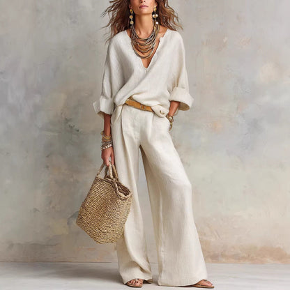 Women's Casual Linen Vacation Set – Three-Quarter Sleeve Top & Full-Length Pants FitiqueFit