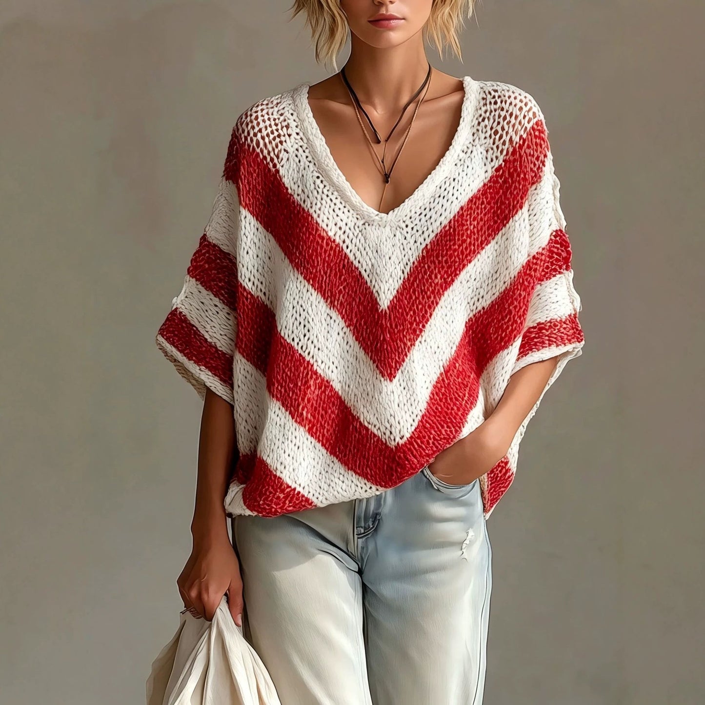 Women's V-Neck Knit Sweater – Loose Fit, Drop Shoulder, 3/4 Sleeve FitiqueFit