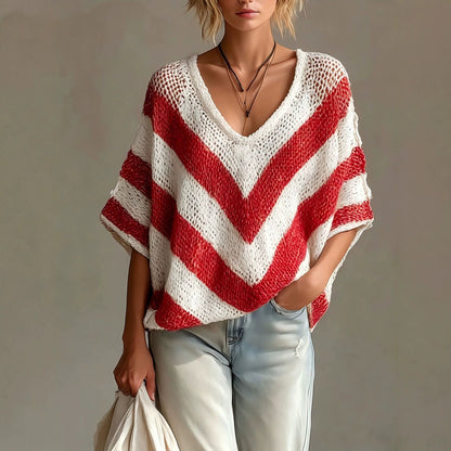 Women's V-Neck Knit Sweater – Loose Fit, Drop Shoulder, 3/4 Sleeve FitiqueFit
