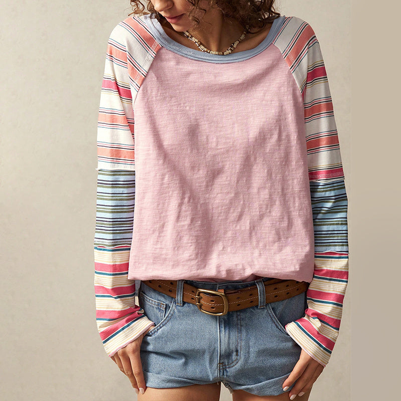Women's Striped Long Sleeve Top Round Neck Pullover FitiqueFit