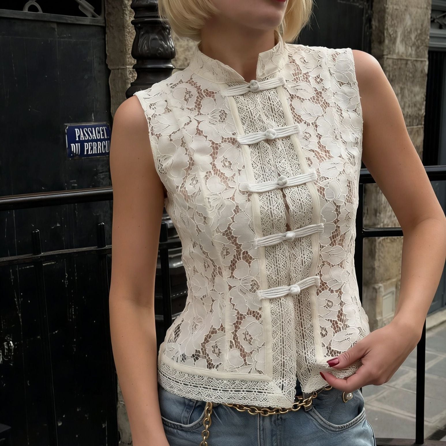 Lace Crochet Stand Collar Slim-Fit Sleeveless Top – 3 Colors, S–L FitiqueFit