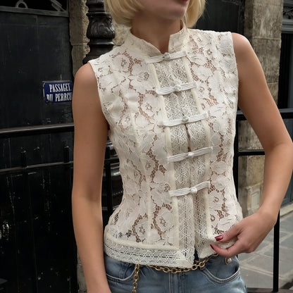 Lace Crochet Stand Collar Slim-Fit Sleeveless Top – 3 Colors, S–L FitiqueFit