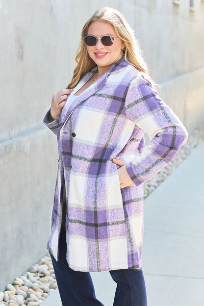 Double Take Full Size Plaid Button Up Lapel Collar Coat West2East Surf