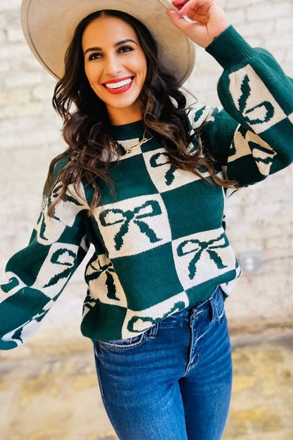 Checker Bow Crewneck Sweater Shop Style & More | Fresh Looks, Everyday Deals & Free Shipping