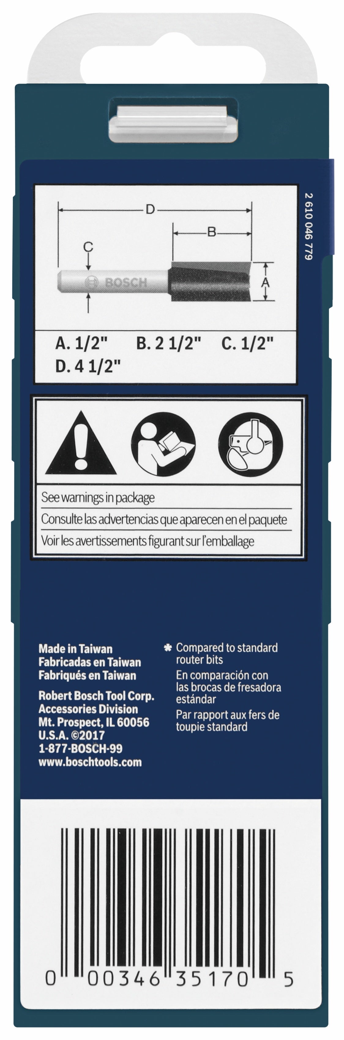BOSCH 85252MC 1/2 In. x 2-1/2 In. Carbide-Tipped Double-Flute Straight Router Bit VM Hardware