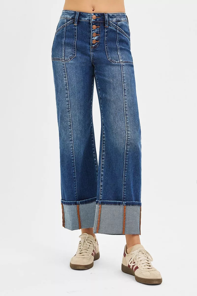 RISEN Full Size High Rise Crop Wide Straight Cuffed Jeans Plus Size Garden Naked Curves