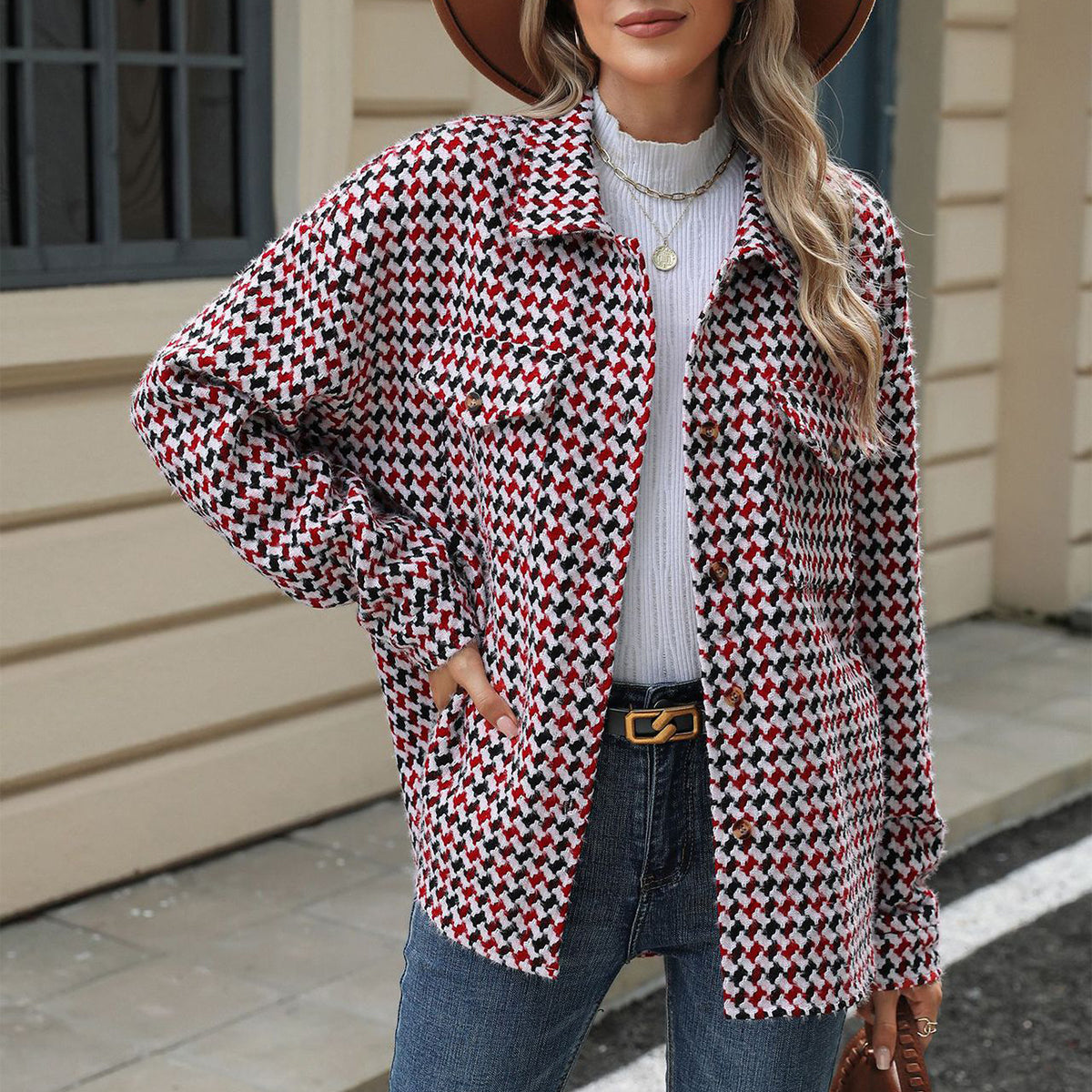 Fashion Houndstooth Lapel Tweed Coat Casual Loose Long Sleeve Jacket With Pocket Outwear Tops For Womens Clothing See size chart under “more details” The Fashion Celestial