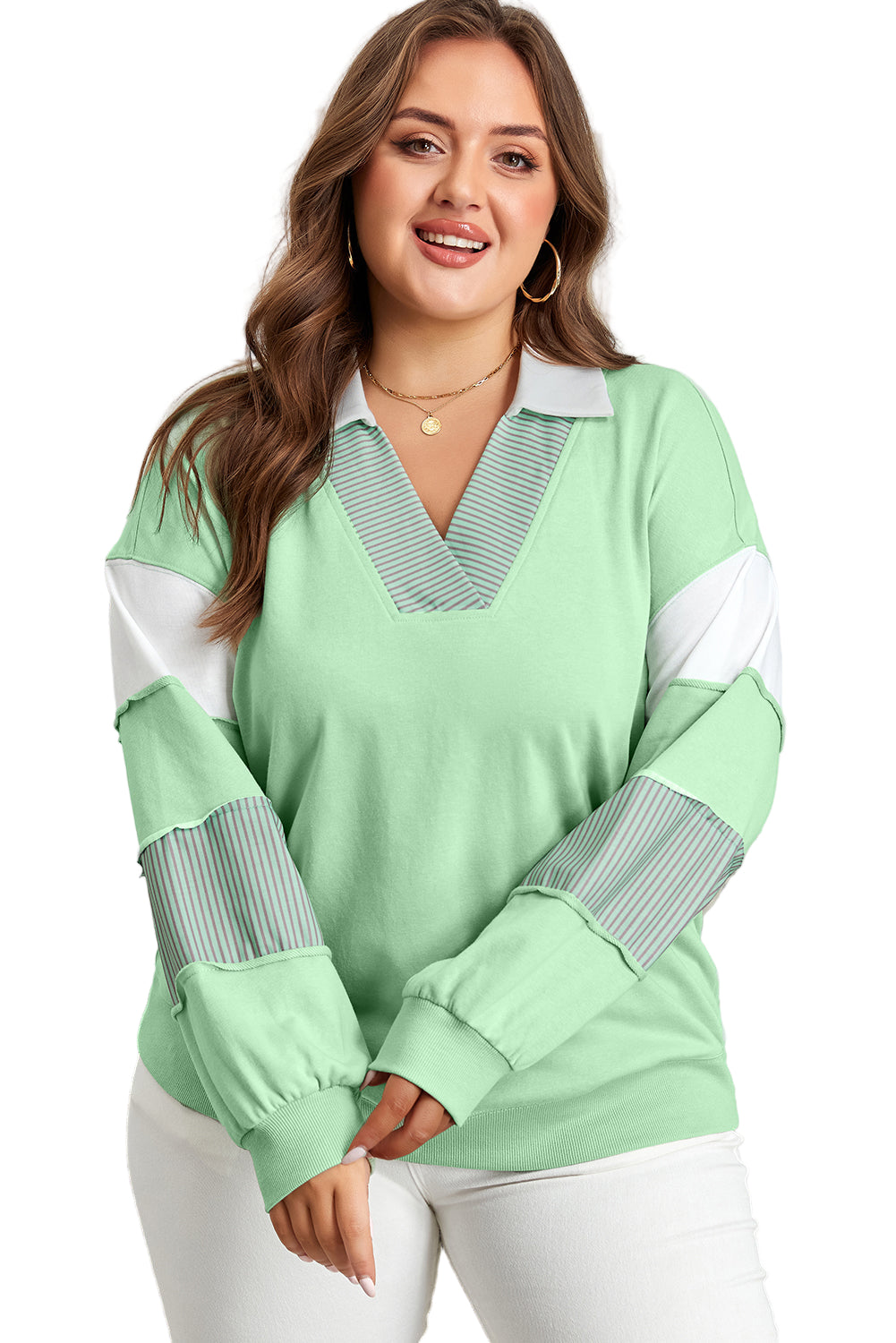 Moonlight Jade Color Block Striped Patchwork Collar V Neck Plus Size Sweatshirt Garden Naked Curves