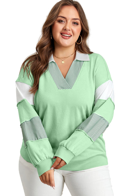 Moonlight Jade Color Block Striped Patchwork Collar V Neck Plus Size Sweatshirt Garden Naked Curves