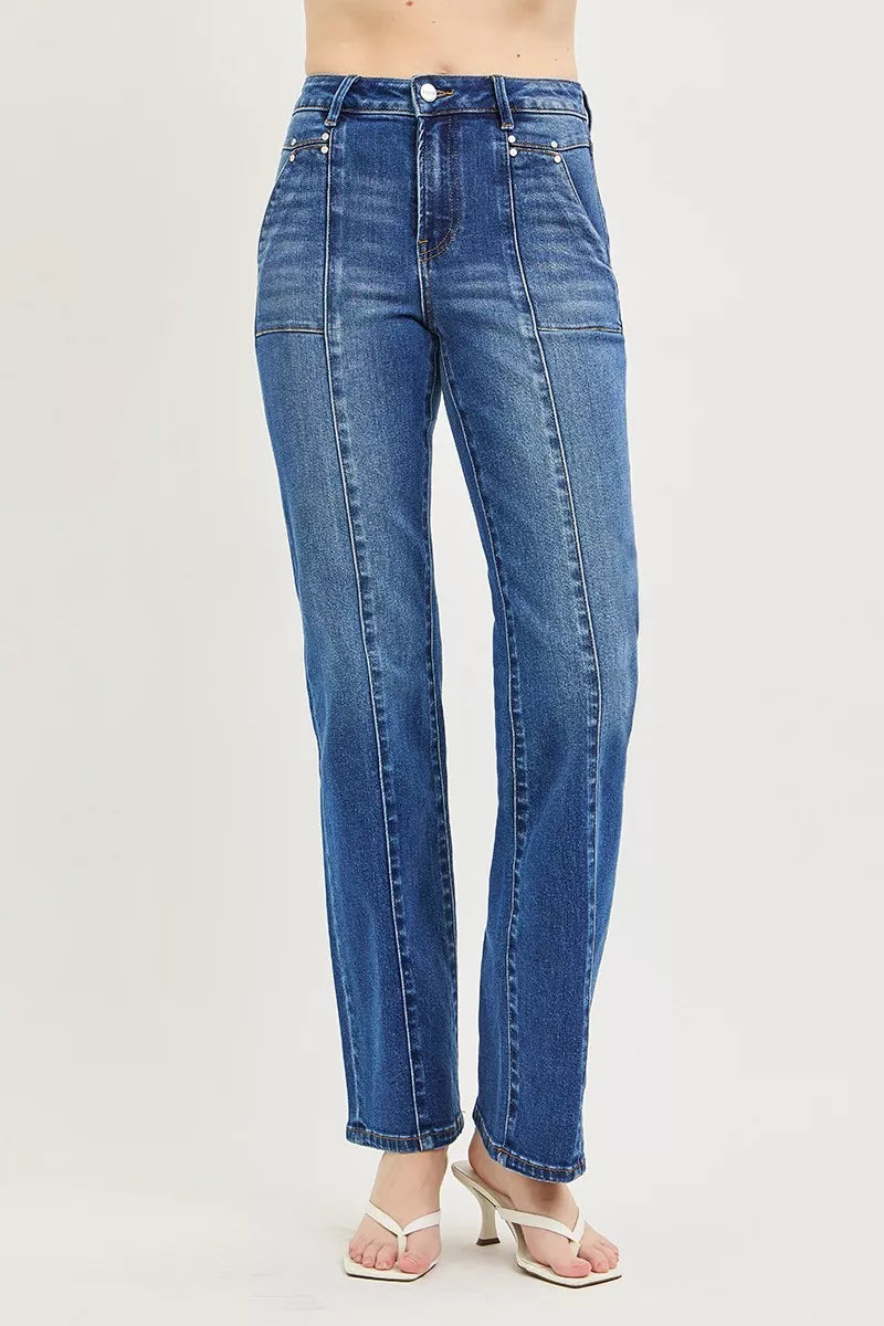 RISEN High Rise Straight Patch Pocket Seamed Jeans New Era Fashion LLc