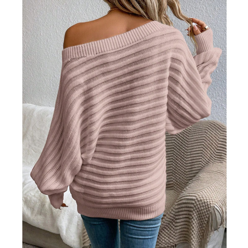 Off-Shoulder Batwing Sweater – Loose Knit Pull-Over for Fall FitiqueFit