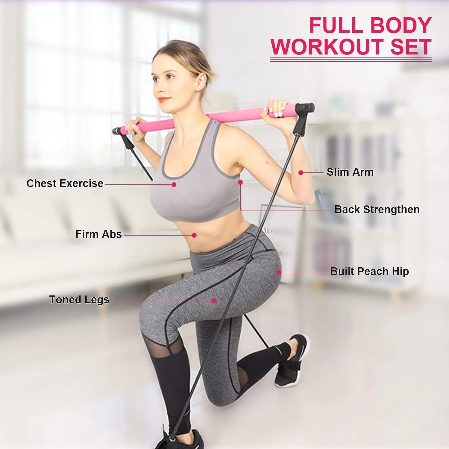 Pilates Bar Kit with Resistance Band - Portable Yoga Pilates Stick Exercise Stick with Foot Loop Fitness Stretching Equipment Home Gym Bodybuilding for Fully Body Workout (Pink)