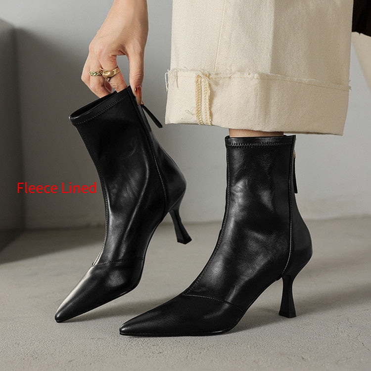 Women’s Cowhide Pointed Toe Stiletto Ankle Boots – Back Zipper High Heel Booties FitiqueFit