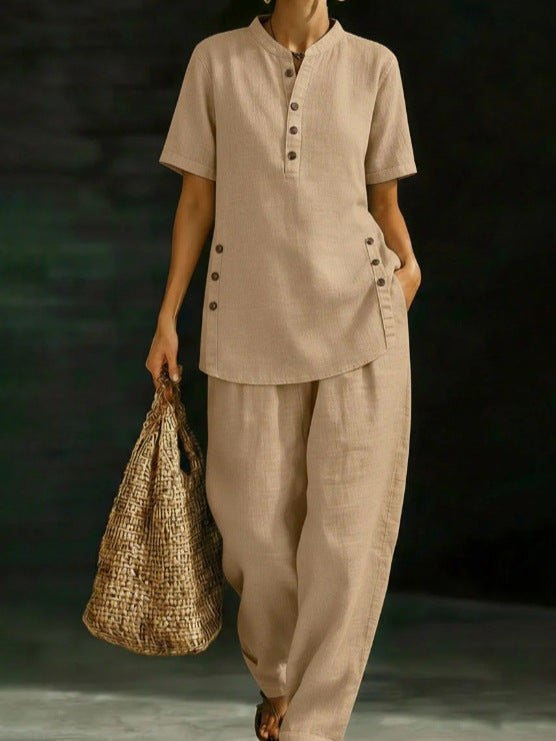 Three-Quarter Sleeve Shirt & Wide-Leg Pants Two-Piece Set – Solid Color Casual FitiqueFit