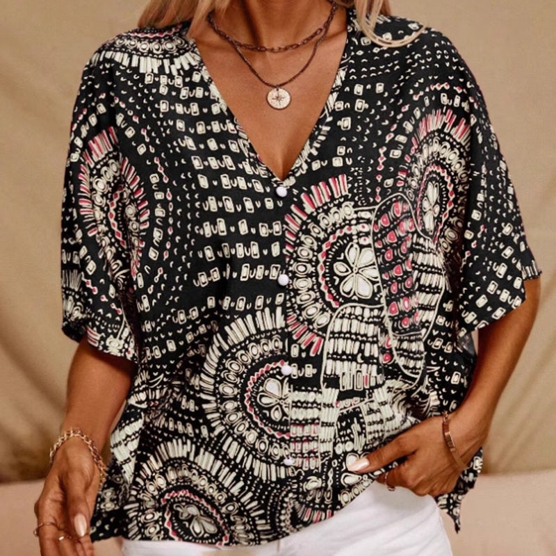 Mandala Print V-Neck Blouse – Casual Vacation Top FitiqueFit
