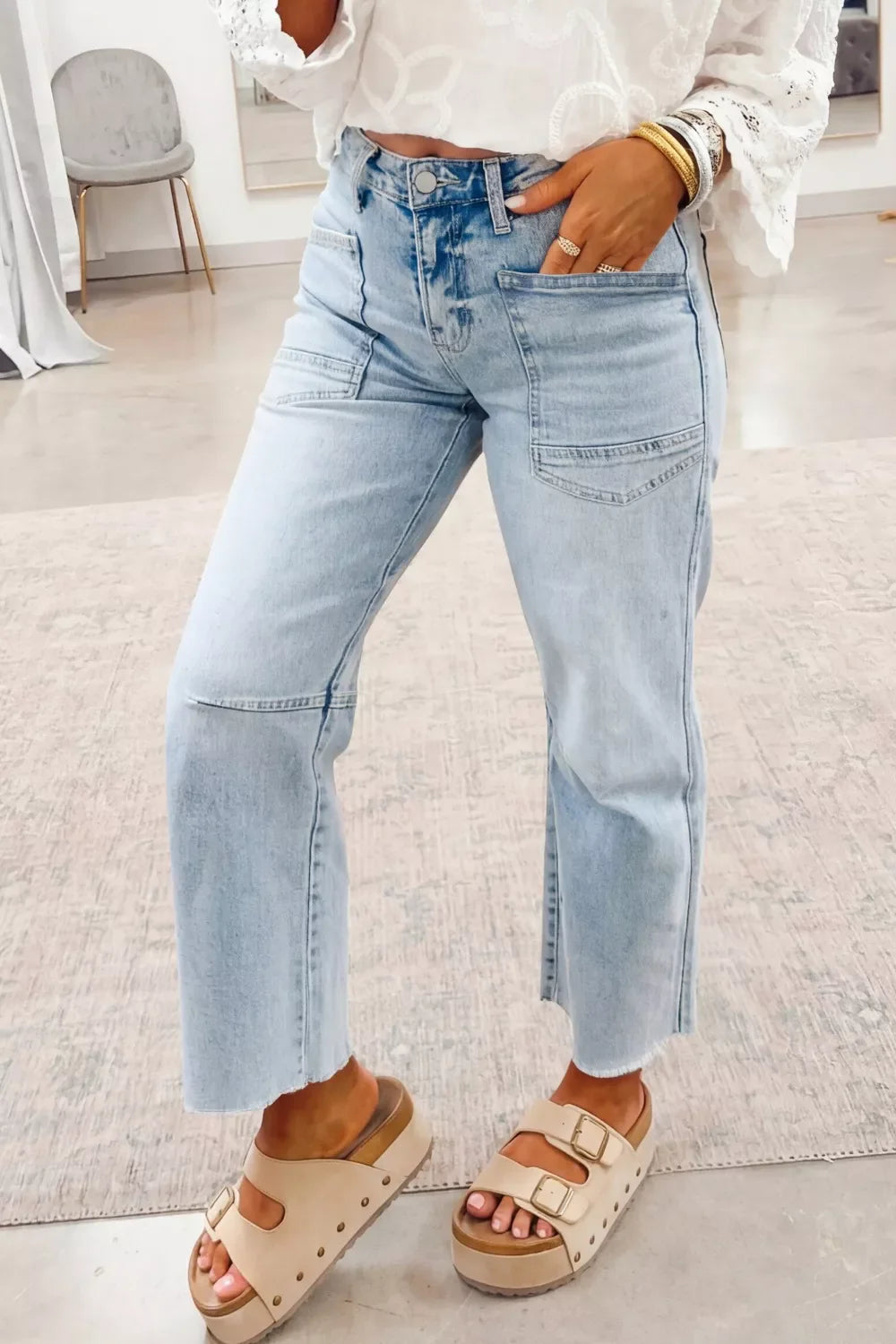 Light Wash Utility Pocket Straight Leg Jeans New Era Fashion LLc