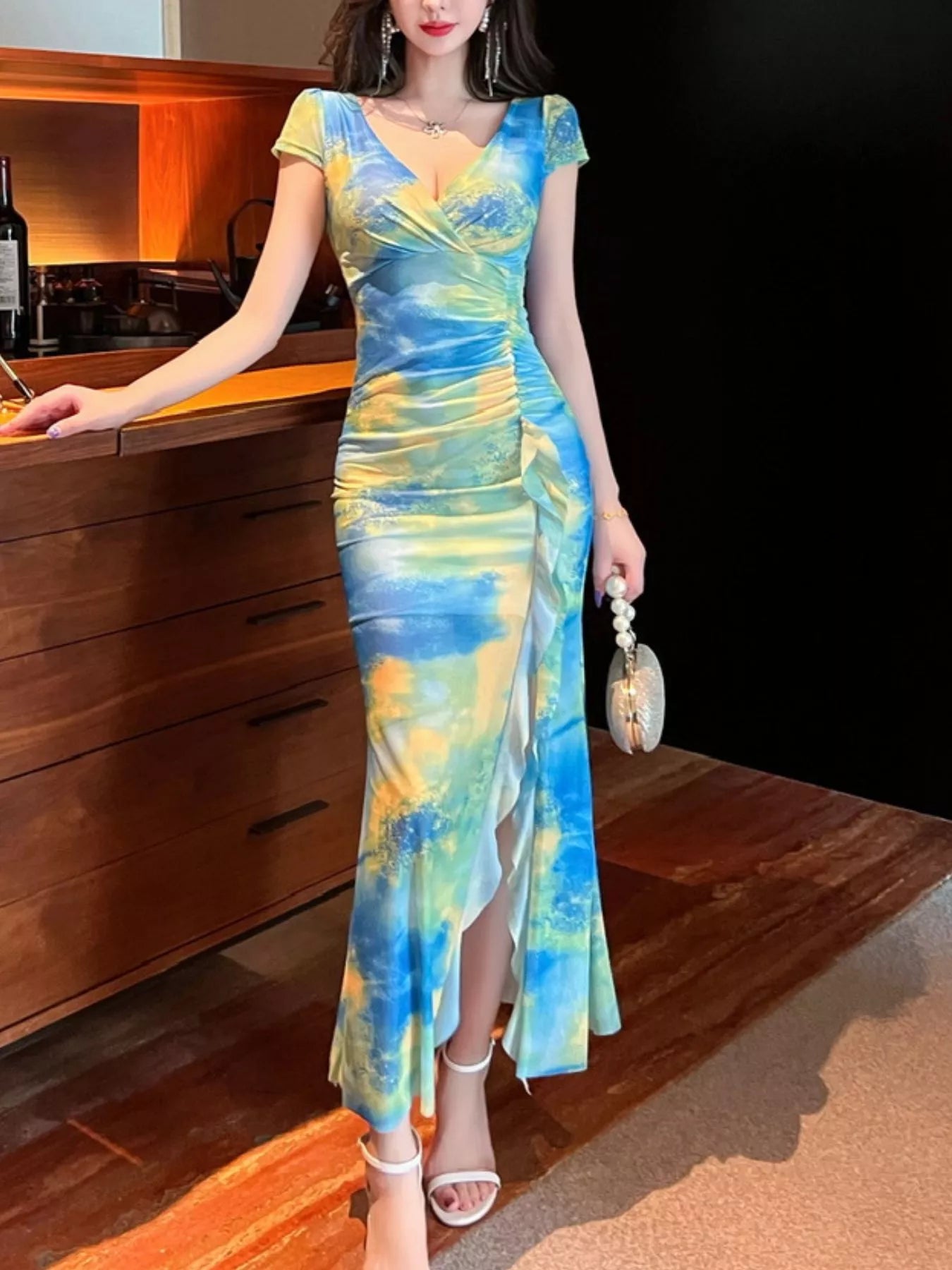 Tie-Dye Surplice Ruffle Slit Dress New Era Fashion LLc