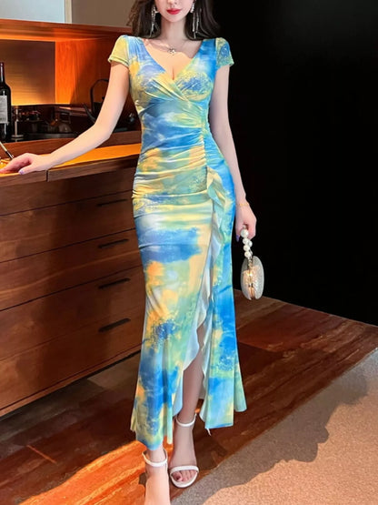 Tie-Dye Surplice Ruffle Slit Dress New Era Fashion LLc